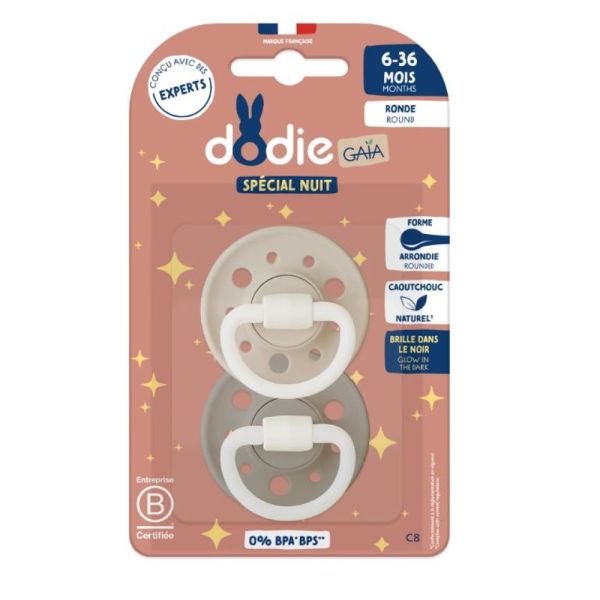 Dodie - GAIA SPECIAL NUIT Sucettes Forme Ronde 6 à 36 Mois - 2 Unités