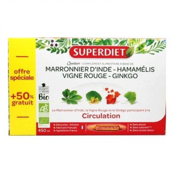 Superdiet - Quatuor Marronnier d'Inde Hamamélis Vigne rouge Ginkgo - ampoules