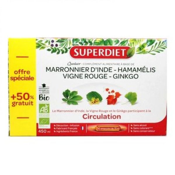 Superdiet - Quatuor Marronnier d'Inde Hamamélis Vigne rouge Ginkgo - ampoules 15ml