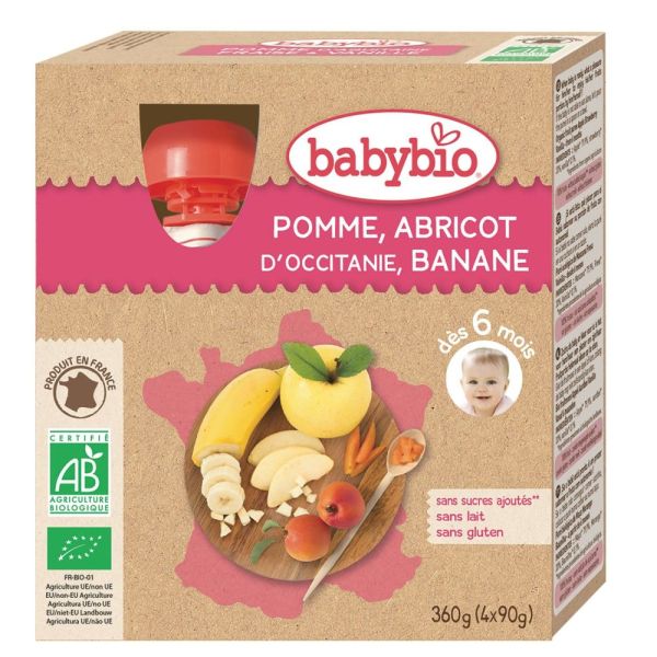 Babybio - Pomme, Abricot d'Occitanie, Banane - dès 6 mois - 4x90g