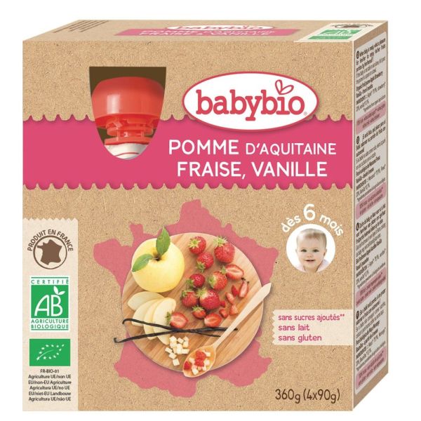 Babybio - Pomme d'Aquitaine Fraise, Vanille dès 6 mois - 4x90g