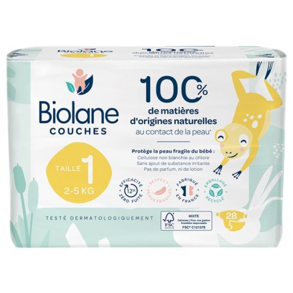 Biolane - Couches Naturelles 28 Couches Taille 1 (2-5 Kg) - 28 couches