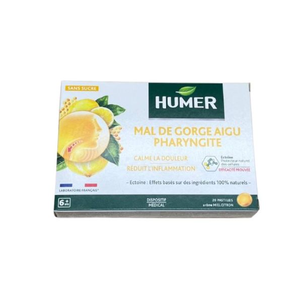Humer - Mal de gorge aigu pharyngite - 20 pastilles miel citron