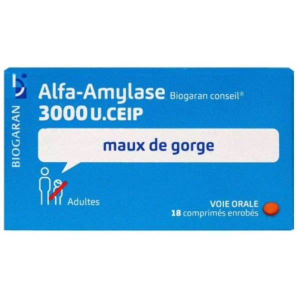 Biogaran - Alfa-Amylase 3000U.CEIP maux de gorge - 18 comprimés