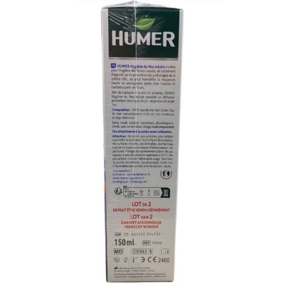 Urgo - Humer Hygiène du nez 100% pure eau de mer isotonique adulte - 2x150ml