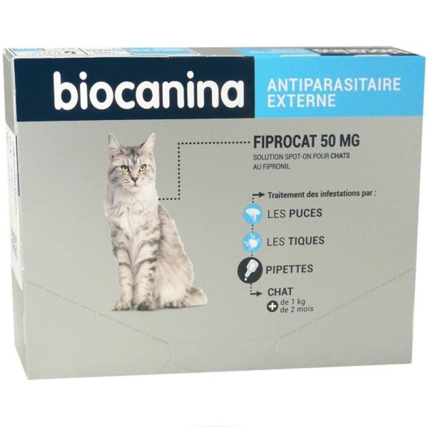 Biocanina - Fiprocat 50mg antiparasitaire chat + 1 kg - 3 pipettes