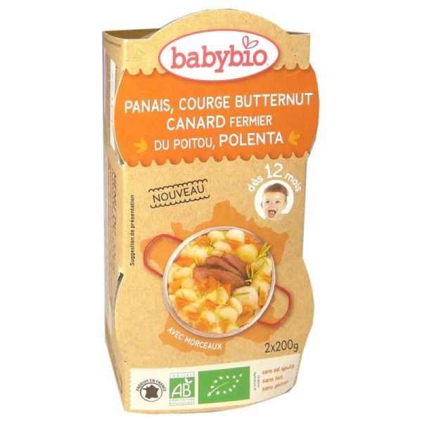 Babybio - Panais, Courge butternut Canard fermier du Poitou, Polenta - dès 12 mois - 2x200g