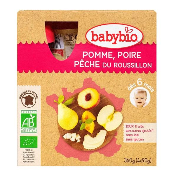 Babybio - Pomme Poire Pêche 6 Mois et + Bio - 4 Gourdes de 90 g