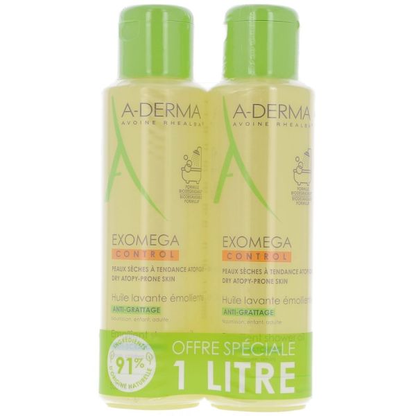 A-Derma - Huile nettoyante émolliente Exomega - lot de 2 x 500ml