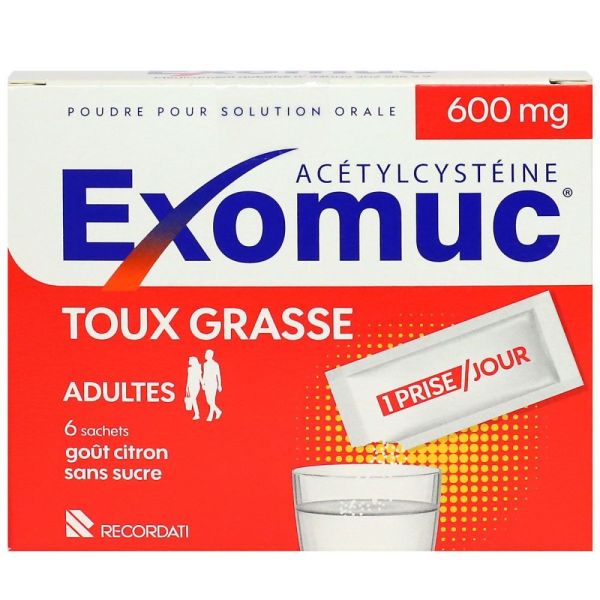 Exomuc 600mg - Toux grasse gout citron sans sucre - 6 sachets