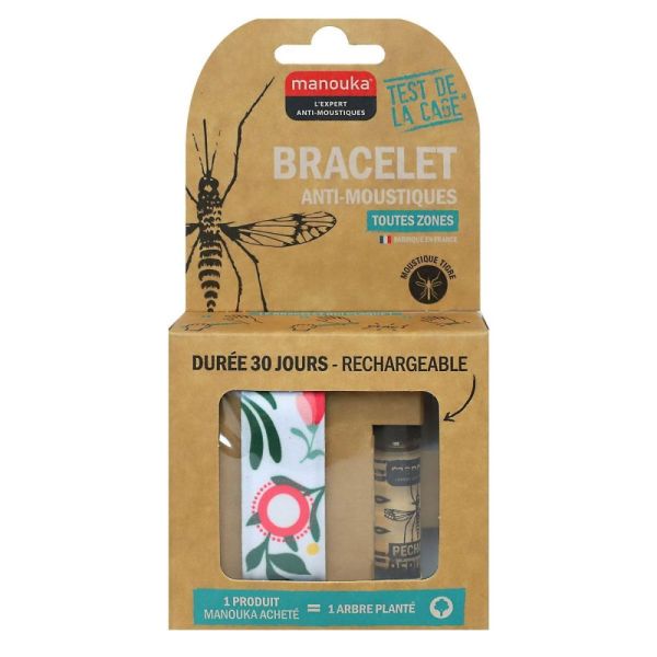 Manouka - Bracelet anti-moustiques toutes zones pivoine + recharge de 6ml