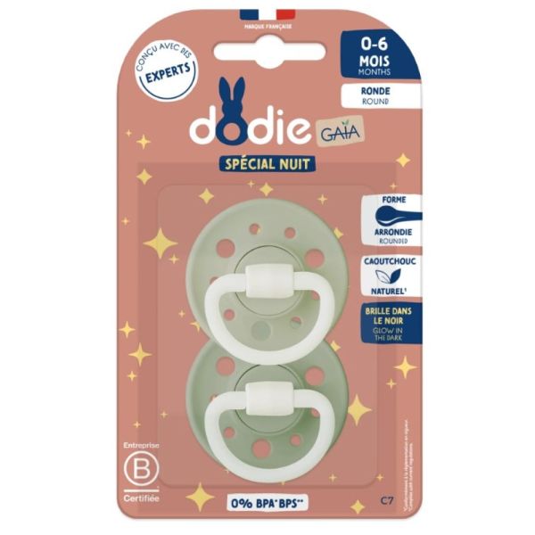 Dodie - GAIA SPECIAL NUIT Sucettes Forme Ronde - 0 à 6 Mois 2 unités