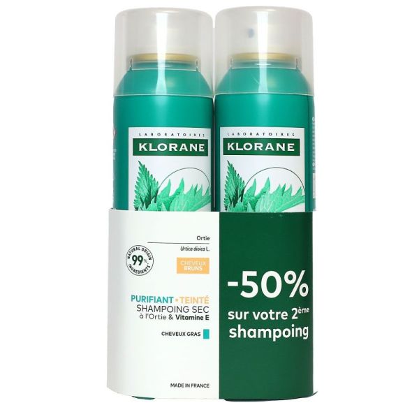 Klorane - Shampoing sec purifiant à l'ortie teinté cheveux gras -  2x150ml