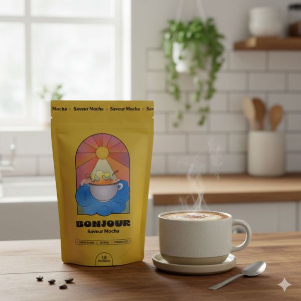 Bonjourdrink - Super café aux champignons adaptogènes Saveur Mocha - 15 portions - 90g
