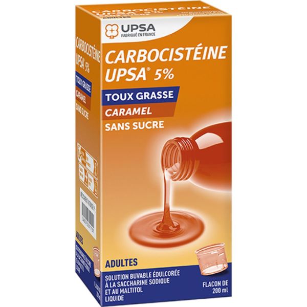 Carbocistéine UPSA 5% Adultes sans sucre - Solution buvable 200 ml