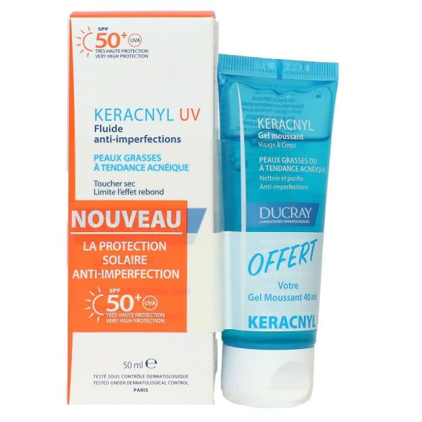 Ducray - Keracnyl UV SPF50+ fluide anti imperfections 50ml + Keracnyl gel moussant 40ml