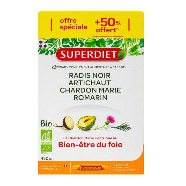 Superdiet - Quatuor Radis noir Artichaut Chardon marie Romarin - Ampoules
