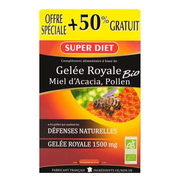 Superdiet - Gelée royale 1500 mg, miel d'acacia & pollen - 30 ampoules 15 ml