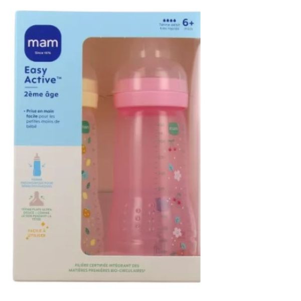 MAM - Easy Active 2 Biberons 2ème Âge 330 ml 6 Mois - Débit Très Rapide - Couleur : Pearl/Vert d'Eau