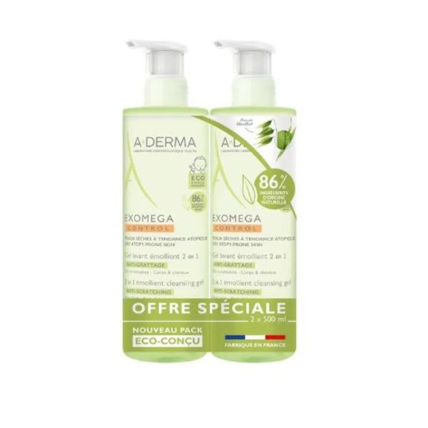 Aderma - Exomega control Gel lavant émollient 2en1 - 2x500mL