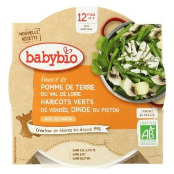 Babybio - Pomme de terre, Haricots verts, Émincé de Dinde fermière du Poitou - dès 12 mois - 230g