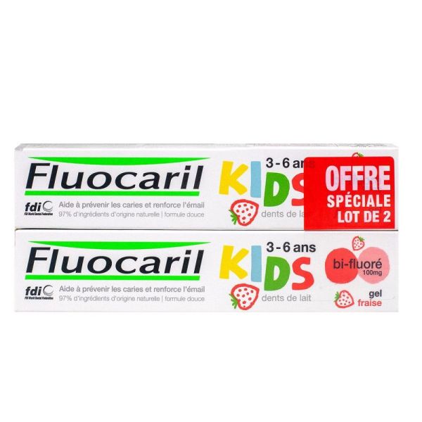 Fluocaril - Kids Dentifrice Bi-Fluoré 3-6 Ans Fraise - Lot de 2 x 50 ml