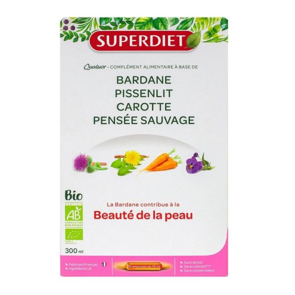 Superdiet - Quatuor Bardane Pissenlit Carotte Pensée sauvage - 20 ampoules 15 ml