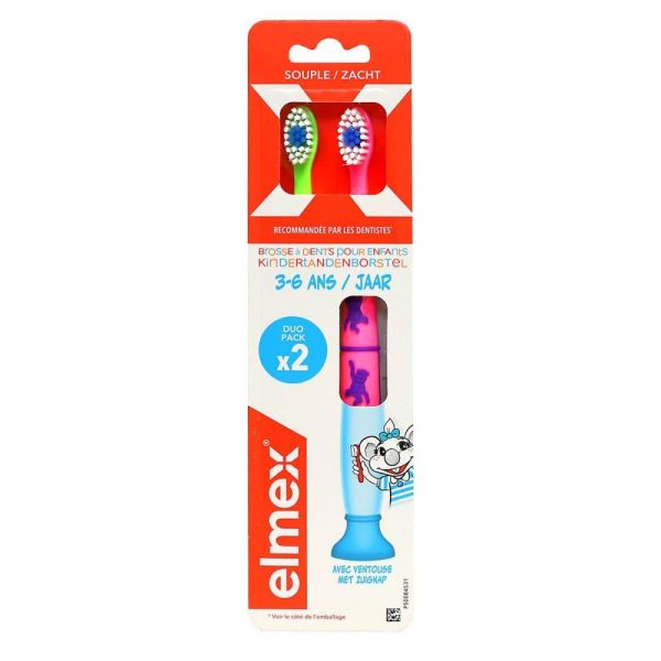 Elmex - Brosse à Dents Enfants 3-6 Ans - Souple Avec Ventouse x2