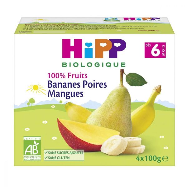 HiPP - 100 % fruits bananes poires mangues - 4 x 100 g - dès 6 mois