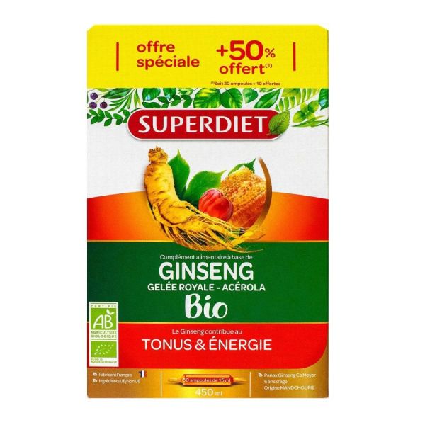 Superdiet - Ginseng, gelée royale & acérola  - 30 ampoules 10 ml