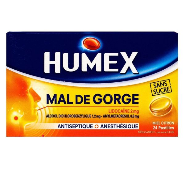 Humex - Mal de gorge sans sucre miel citron - 24 pastilles