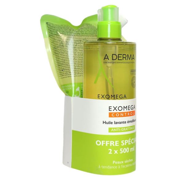 A-derma - Exomega Control - Huile lavante emolliente anti-grattage 500ml + éco-recharge 500ml