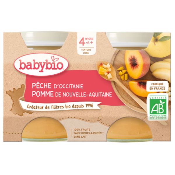 Babybio - Pêche d'Occitanie, Pomme d'Aquitaine - dès 4 mois - 2 x 130 g