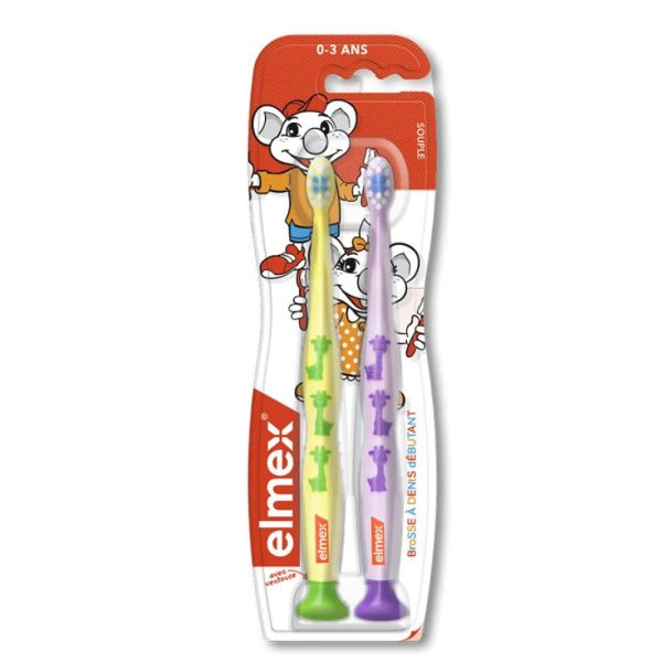 Elmex - Brosses à dents Débutant 0-3 ans - Lot de 2 brosses à dents