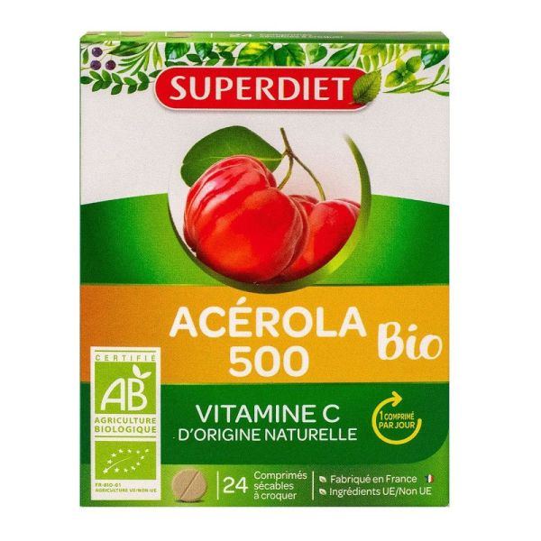 Superdiet - Acerola 500 Bio - 24 comprimés à croquer
