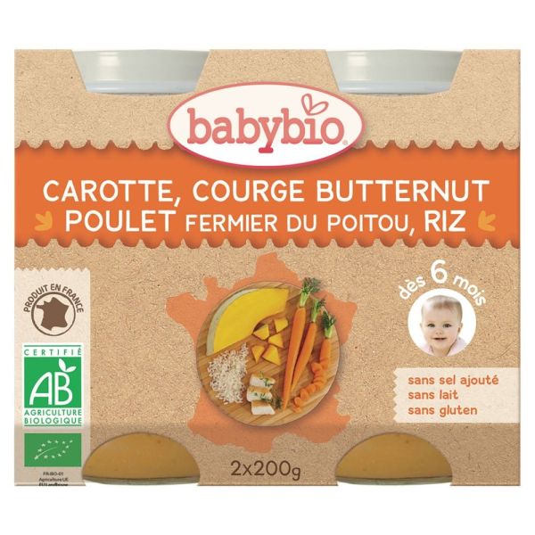 Babybio - Carotte, courge butternut, poulet fermier du Poitou, riz - dès 6 mois - 2 x 200 g