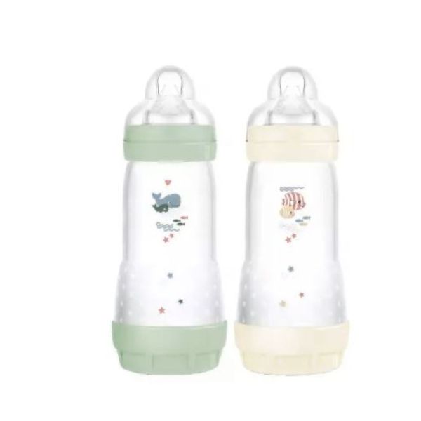 MAM  - 2 Biberons Easy Start 320 ml 4 Mois et + Débit 3 - Couleur : Menthe/Coton