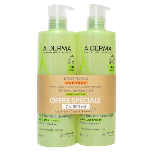 Aderma - Exomega control Gel lavant émollient 2 en 1 - Lot de 2x500ml