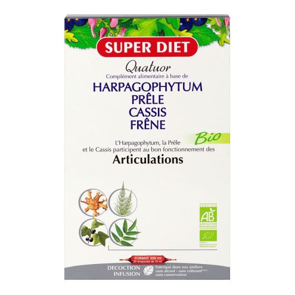 Superdiet - Quatuor Harpagophytum Prêle Cassis Frêne - 20 ampoules 15 ml