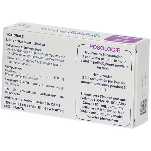 Diosmine 600mg EG LABO Conseil - 30 Comprimés pélliculés