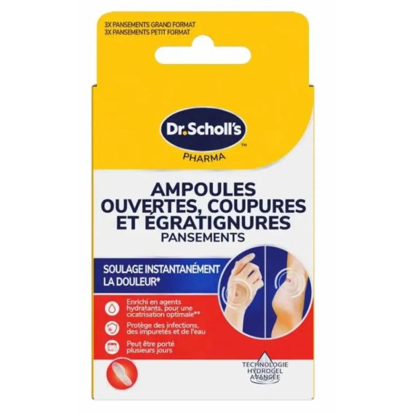 Scholl - Pansements Ampoules ouvertes, Coupures et Egratignures - 6 pansements