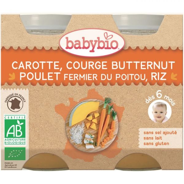 Babybio - Carotte, courge butternut, poulet fermier du Poitou, riz - dès 6 mois - 2 x 200 g