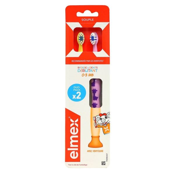 Elmex - Brosse à Dents Débutant 0-3 Ans - Souple Avec Ventouse x2